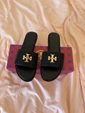 Tory Burch Black Slides with Gold Logo Emblem